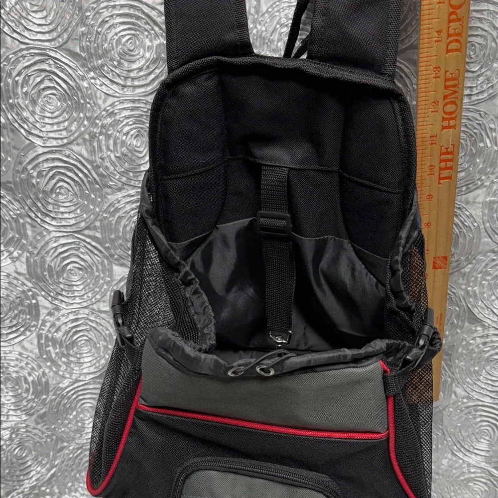 Top Paw Dog Carrier Backpack in Black and Gray with Red Trim